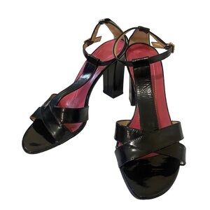 Kate Spade Lucinda T-Strap Black Patent Leather Chunky Heeled Sandal Size 5